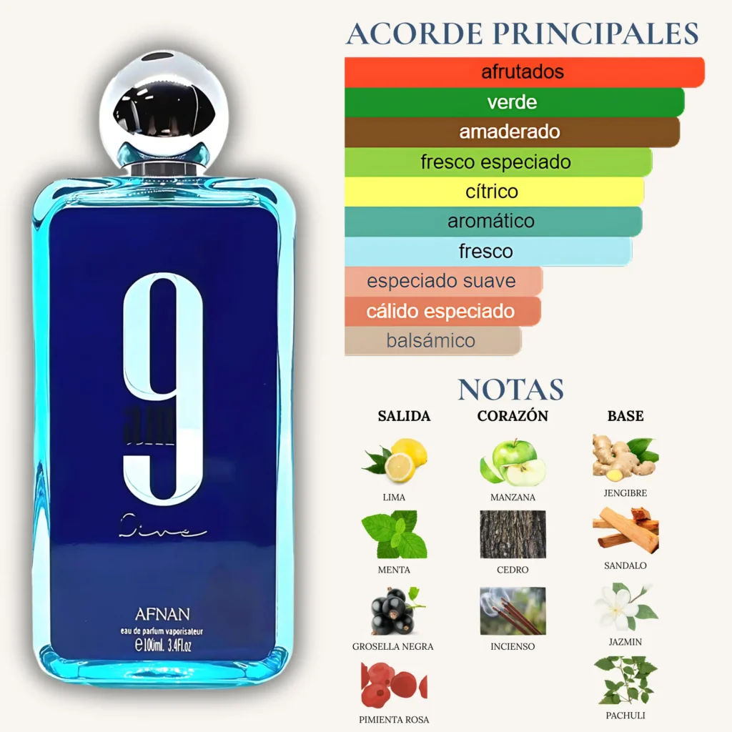 Perfume 9AM Dive de Afnan, fragancia masculina con notas frutales, cítricas y especiadas, con jengibre, manzana e incienso.