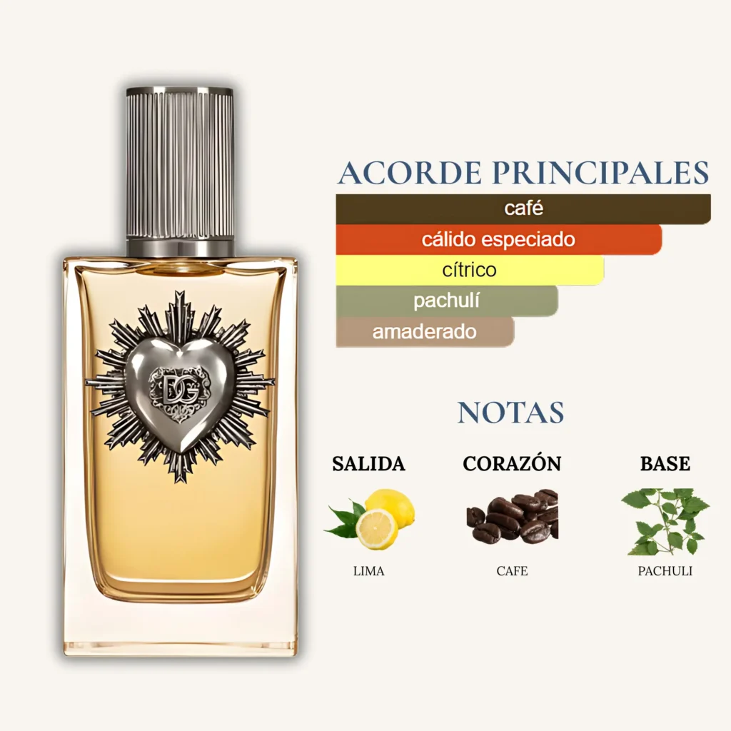 Frasco del perfume Dolce & Gabbana Devotion para hombre, con notas de café, lima y pachulí, acordes cálido especiados y amaderados.