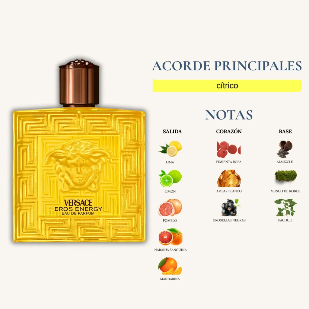 Perfume Versace Eros Energy Eau de Parfum para hombre, fragancia cítrica con lima, pomelo, grosella negra y almizcle.
