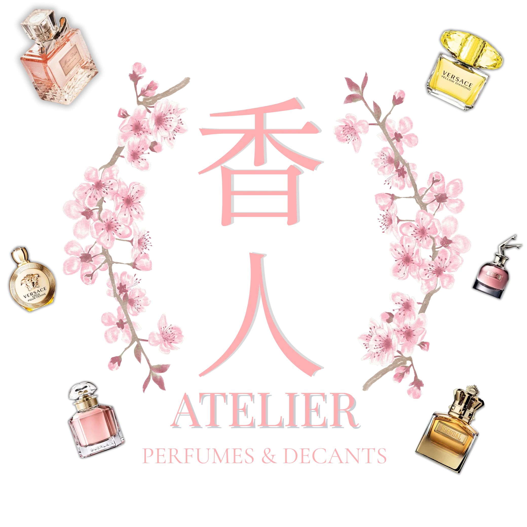 Logo de Koujin Atelier, tienda de decants y fragancias de diseñador, con flores de cerezo rosadas y botellas de perfume de lujo.